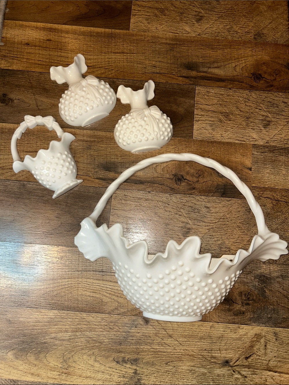 Vintage Burwood White Hobnail Milk Glass Basket Set 4 pieces wall pockets